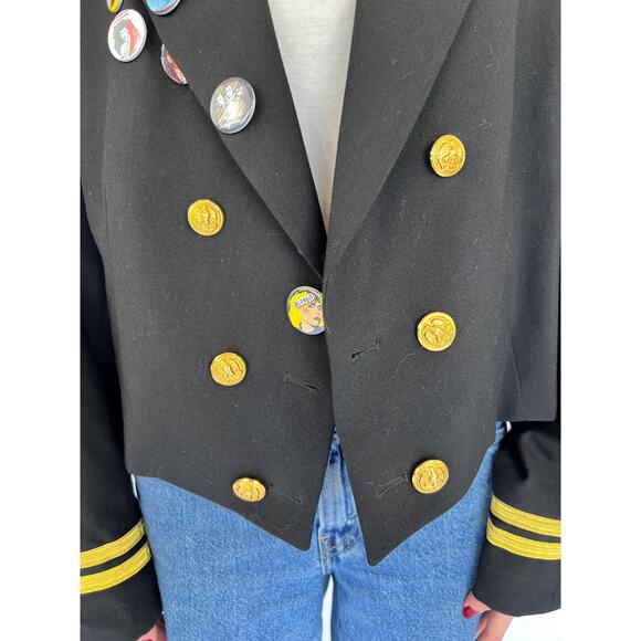 VTG 80s OS Crop Military Blazer Gold Buttons Trim, Streetwear 80s Rockstar Pins - Picture 2 of 6